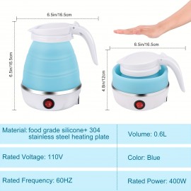 Travel Folding Electric Kettle, Portable, Upgraded Food-grade Silicone, 304 Stainless Steel Heating Base, 20.29oz Kettle, 5-minute Rapid Boiling, Convenient Storage, Detachable Power Cord 110V (blue, White, Pink)