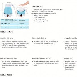 Travel Folding Electric Kettle, Portable, Upgraded Food-grade Silicone, 304 Stainless Steel Heating Base, 20.29oz Kettle, 5-minute Rapid Boiling, Convenient Storage, Detachable Power Cord 110V (blue, White, Pink)