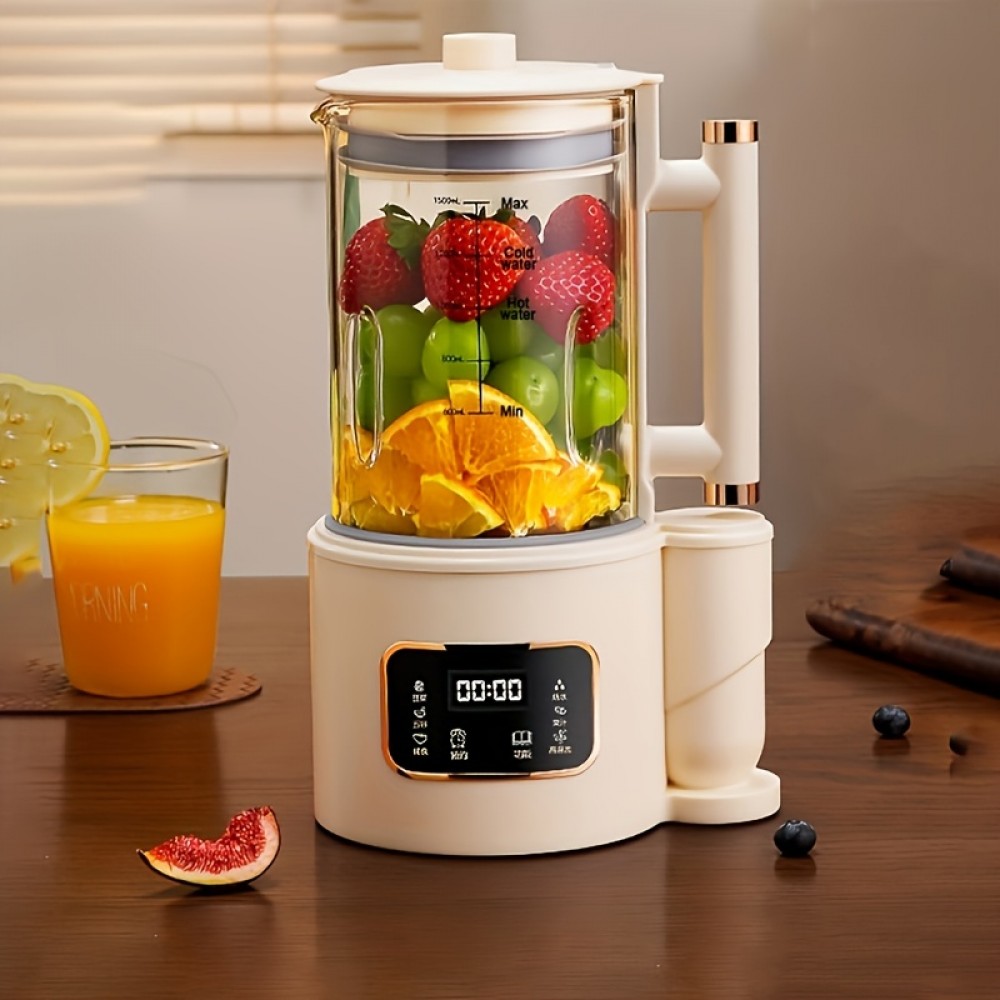 1500ml High Capacity Glass Blender and Juice Maker with Heating Function - Perfect for Soy Milk and Food Supplements - Quiet and Multi-functional Cooking Machine with Soundproof Cover - Ideal for 2-8 People