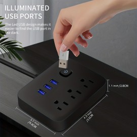 1pc Power Strip, Power Strip Surge Protector, 3 AC Outlets 3 USB 1 Power Button, Flat Plug, Desktop Charging Station With Overload Protection, For Home, Office, Travel, Computer