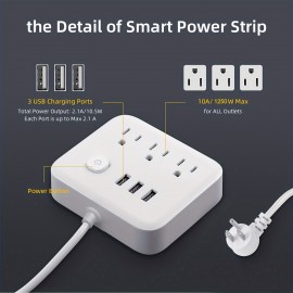 1pc Power Strip, Power Strip Surge Protector, 3 AC Outlets 3 USB 1 Power Button, Flat Plug, Desktop Charging Station With Overload Protection, For Home, Office, Travel, Computer