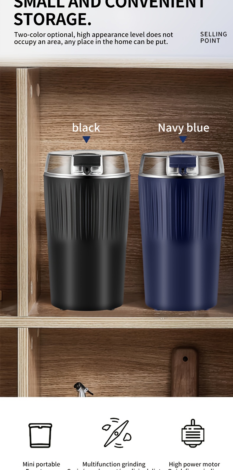 1pc 3 5oz electric coffee grinder with one touch push button control kitchen accessories for beans spices and more 8stainless steel blades quiet spice grinder us plug black blue details 2