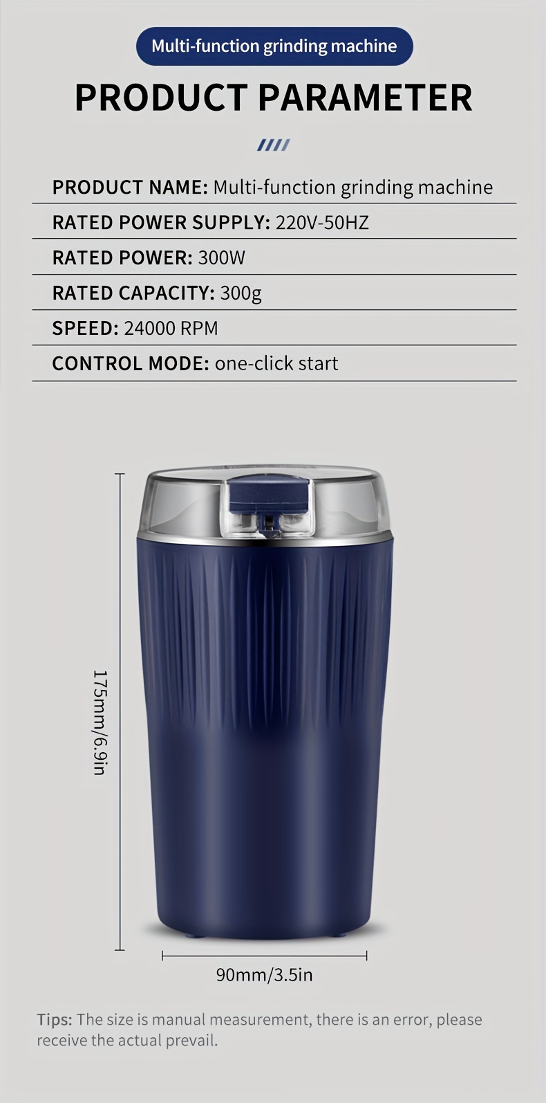 1pc 3 5oz electric coffee grinder with one touch push button control kitchen accessories for beans spices and more 8stainless steel blades quiet spice grinder us plug black blue details 15