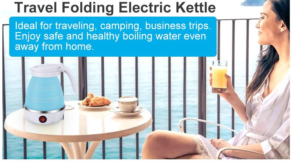 travel folding electric kettle portable upgraded food grade silicone 304 stainless steel heating base 600ml kettle 5 minute rapid boiling convenient storage detachable power cord 110v blue white pink details 0