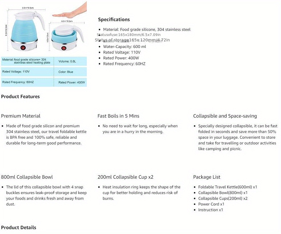 travel folding electric kettle portable upgraded food grade silicone 304 stainless steel heating base 600ml kettle 5 minute rapid boiling convenient storage detachable power cord 110v blue white pink details 2