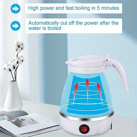 travel folding electric kettle portable upgraded food grade silicone 304 stainless steel heating base 600ml kettle 5 minute rapid boiling convenient storage detachable power cord 110v blue white pink details 3