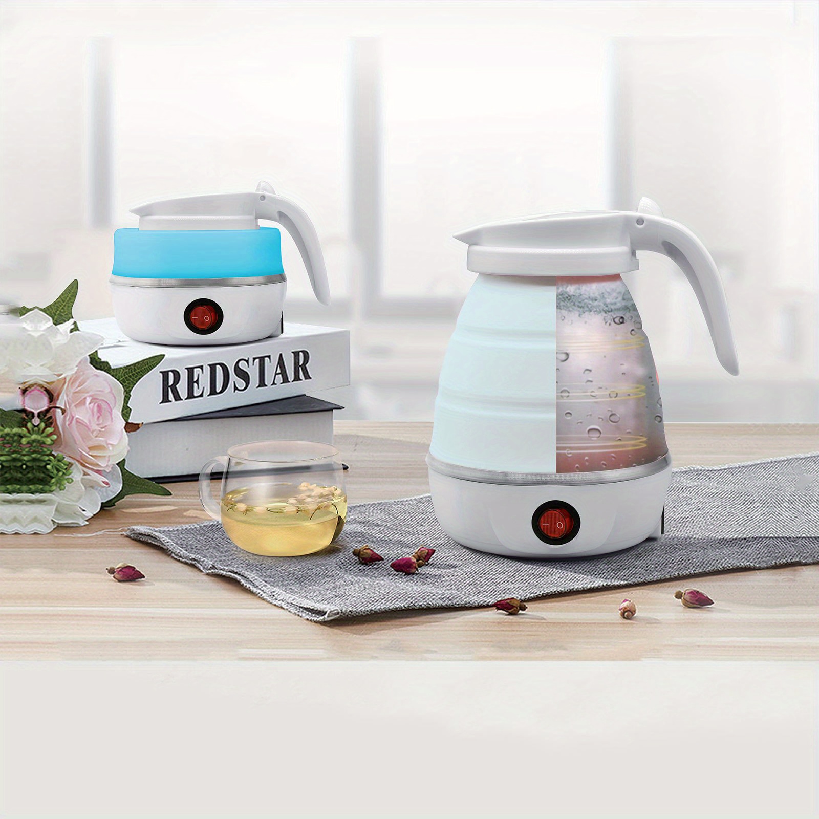 travel folding electric kettle portable upgraded food grade silicone 304 stainless steel heating base 600ml kettle 5 minute rapid boiling convenient storage detachable power cord 110v blue white pink details 4
