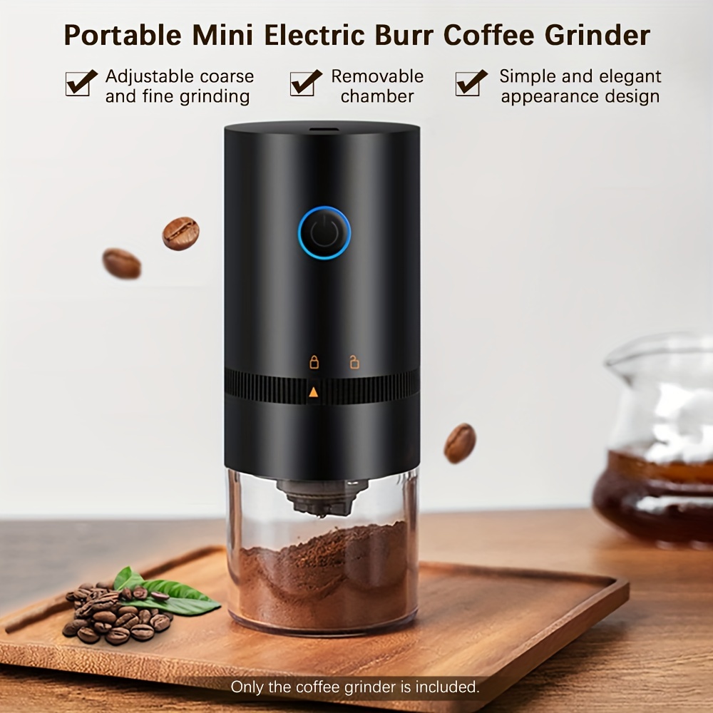 portable electric burr coffee grinder with adjustable coarse fine grinding removable chamber for home travel office coffee shop details 1