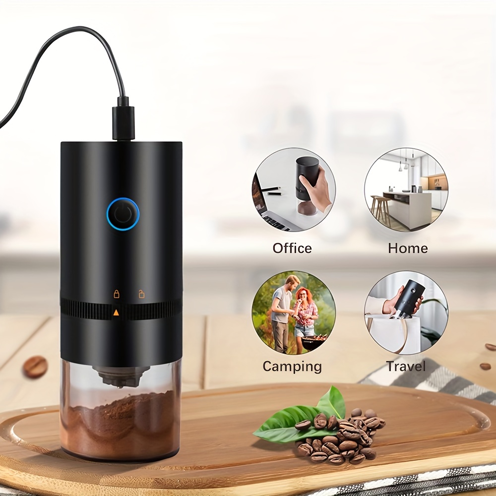 portable electric burr coffee grinder with adjustable coarse fine grinding removable chamber for home travel office coffee shop details 2