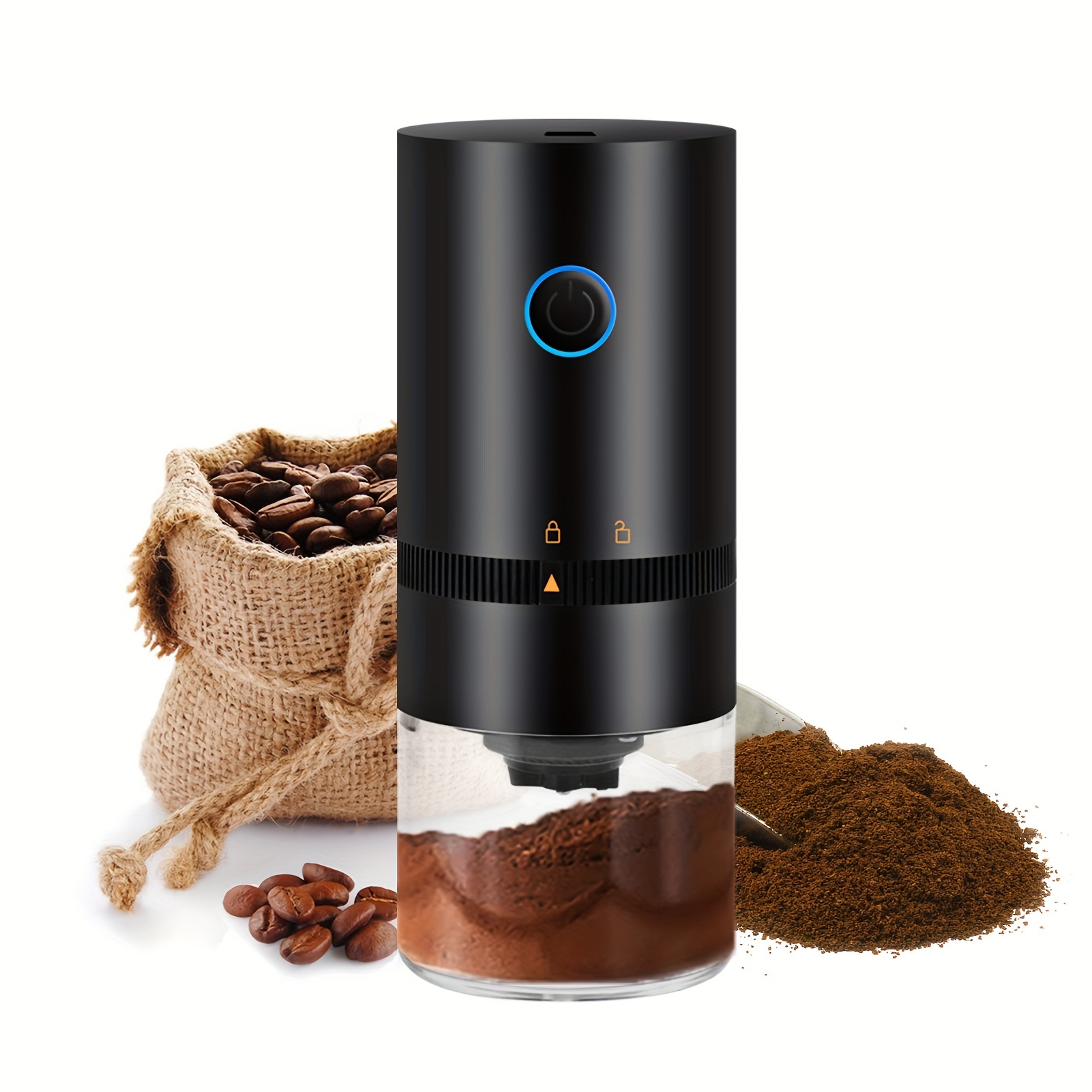 portable electric burr coffee grinder with adjustable coarse fine grinding removable chamber for home travel office coffee shop details 6