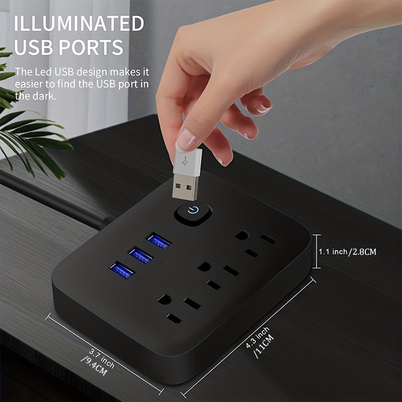 1pc power strip power strip surge protector 3 ac outlets 3 usb 1 power button flat plug desktop charging station with overload protection for home office travel computer details 0