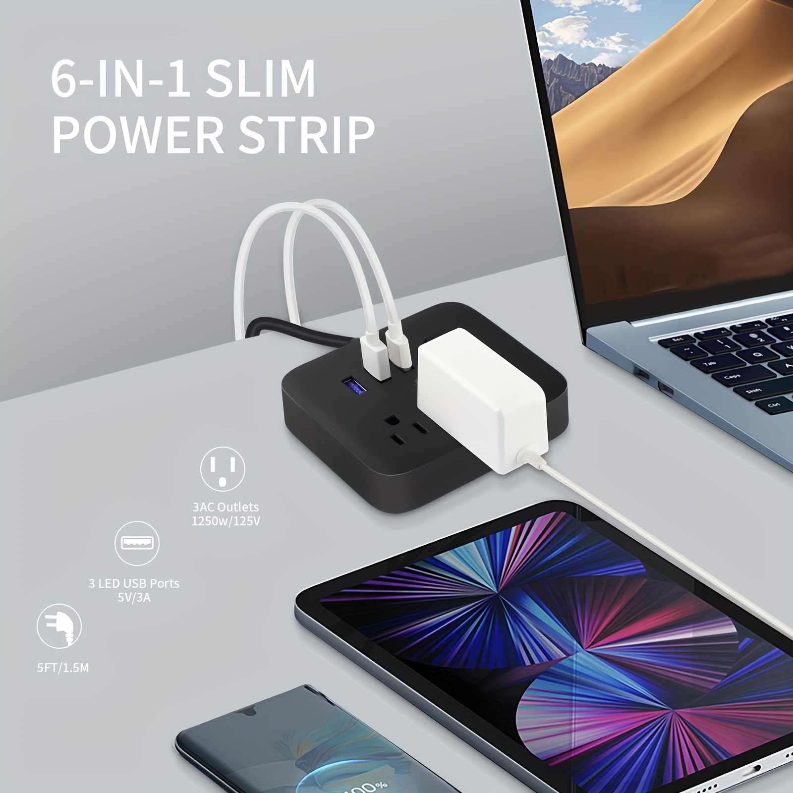 1pc power strip power strip surge protector 3 ac outlets 3 usb 1 power button flat plug desktop charging station with overload protection for home office travel computer details 2