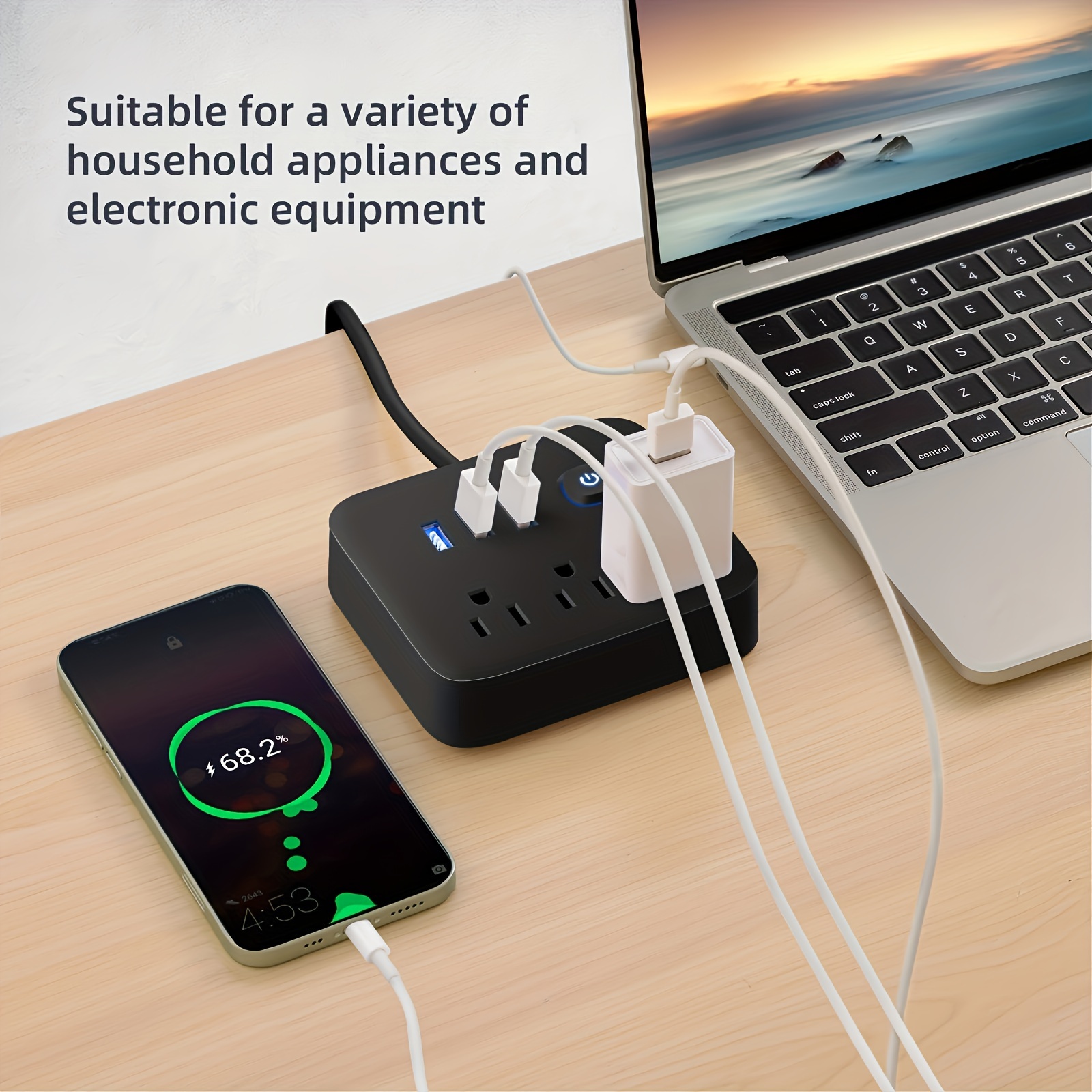 1pc power strip power strip surge protector 3 ac outlets 3 usb 1 power button flat plug desktop charging station with overload protection for home office travel computer details 3