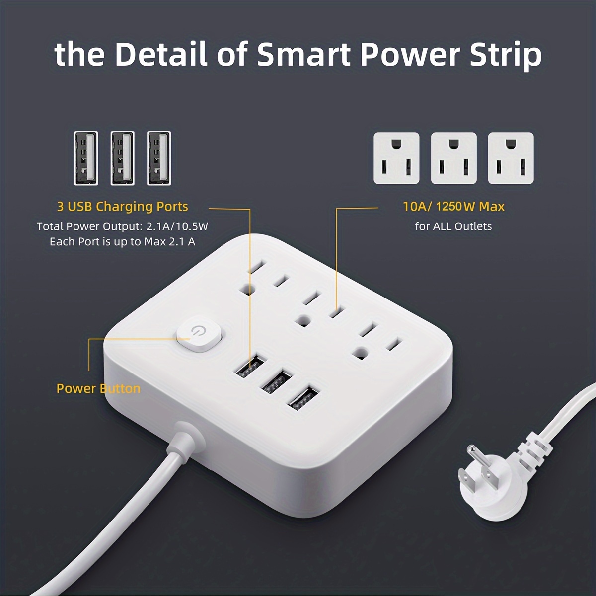 1pc power strip power strip surge protector 3 ac outlets 3 usb 1 power button flat plug desktop charging station with overload protection for home office travel computer details 4