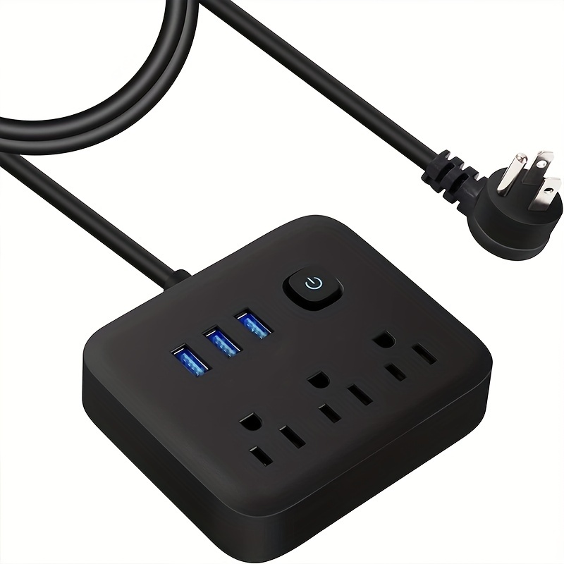 1pc power strip power strip surge protector 3 ac outlets 3 usb 1 power button flat plug desktop charging station with overload protection for home office travel computer details 5