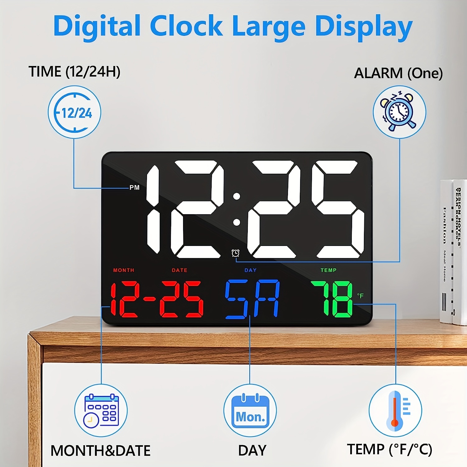 digital wall clock 11 5 led digital alarm clock large display with remote control adjustable brightness calendar temperature snooze 12 24 h for living room office bedroom elderly adults with battery details 0