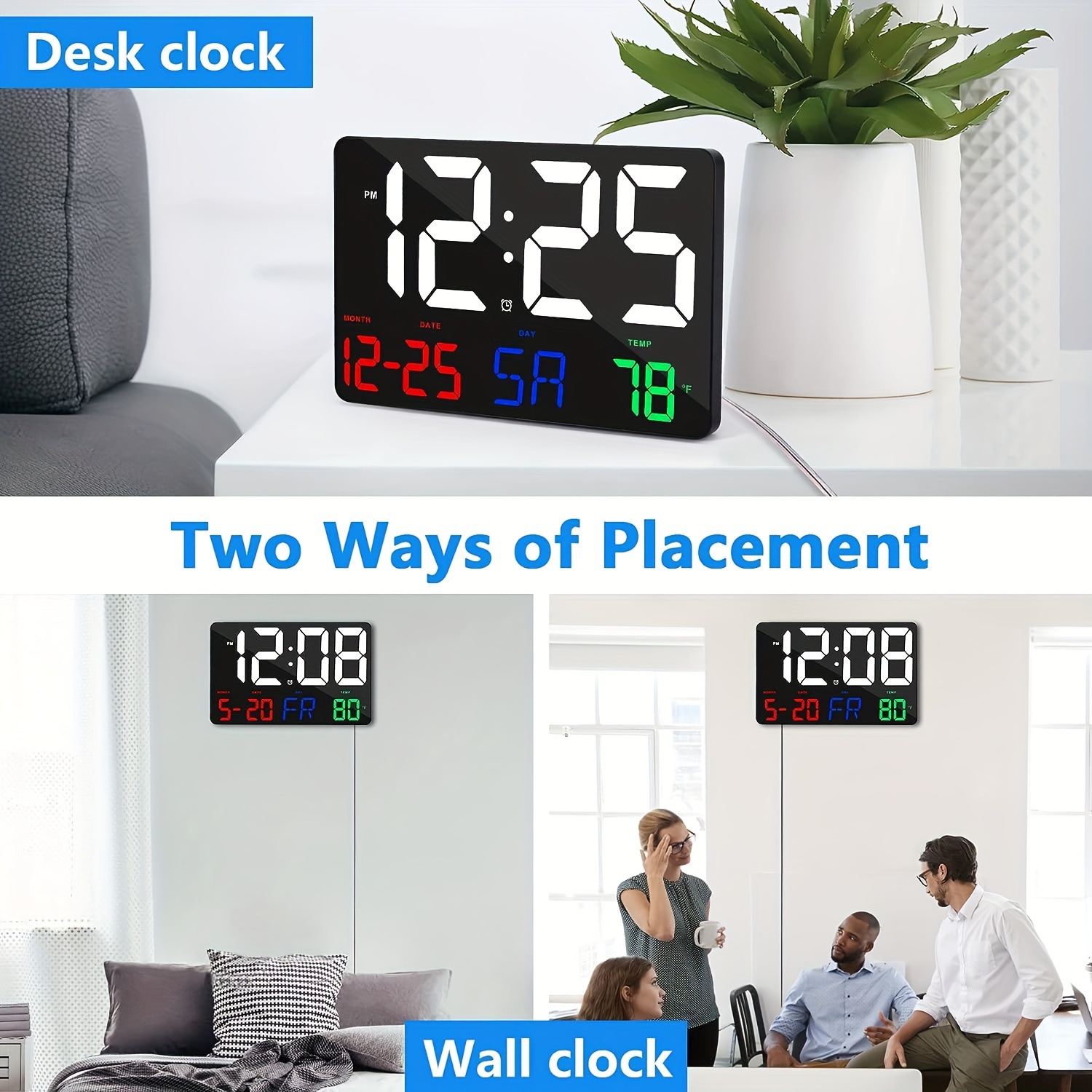 digital wall clock 11 5 led digital alarm clock large display with remote control adjustable brightness calendar temperature snooze 12 24 h for living room office bedroom elderly adults with battery details 3
