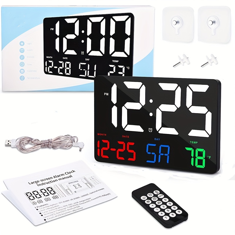 digital wall clock 11 5 led digital alarm clock large display with remote control adjustable brightness calendar temperature snooze 12 24 h for living room office bedroom elderly adults with battery details 6