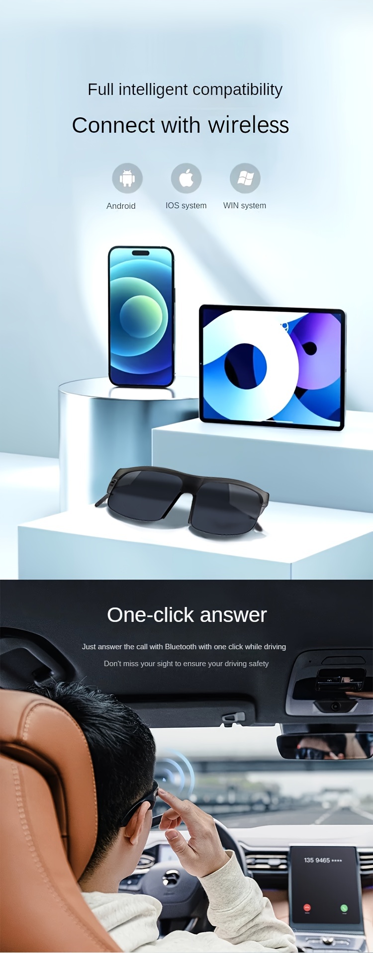 smart wireless v5 3 sunglasses multifunctional glasses wireless calls music playback outdoor sports tws headphones rechargeable hifi sound quality hd lenses touch control long battery life waterproof sun protection and uv protection details 7