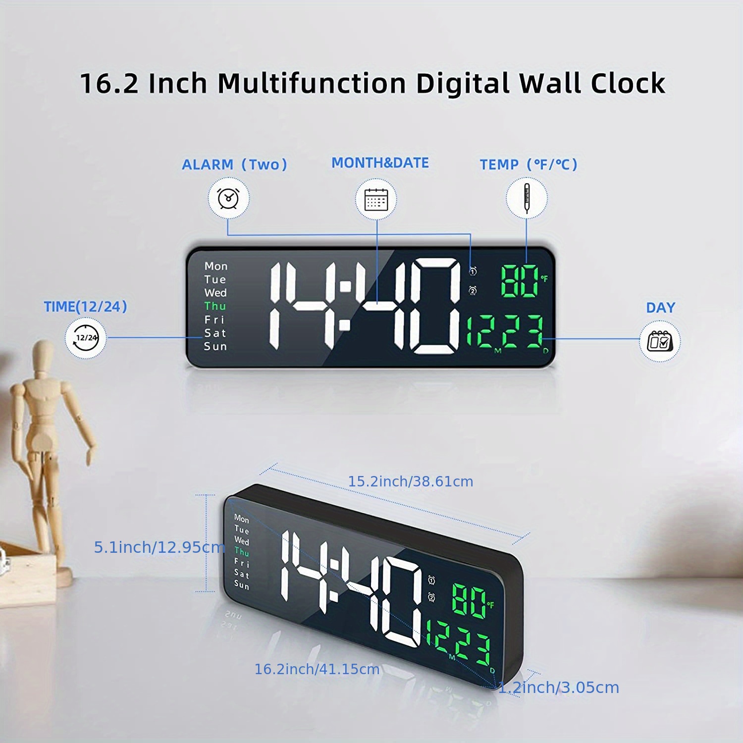 digital wall clock large display 16 large wall clocks with remote control for living room gym shop warehouse office garage decor auto brightness dimmer reloj de pared with date week temp details 1